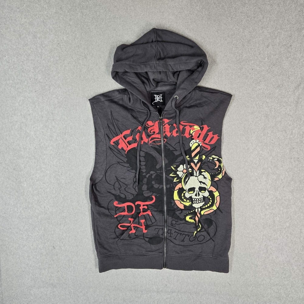 Ed Hardy Men Hoodie M Gray Y2K Skull Panther Sleeveless Zipper Skull Cut Off